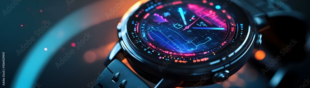 Poster futuristic smartwatch macro image showcasing live stock market data and graphs on sleek display for 