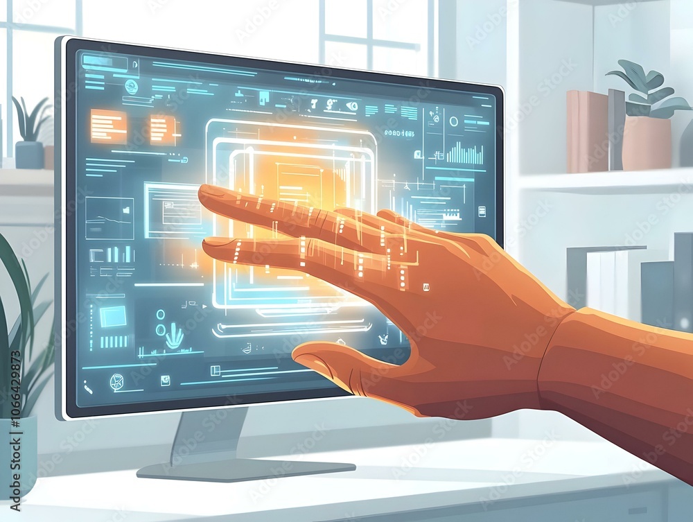 Poster hand touching virtual reality hologram macro image in home office, capturing immersive experience of