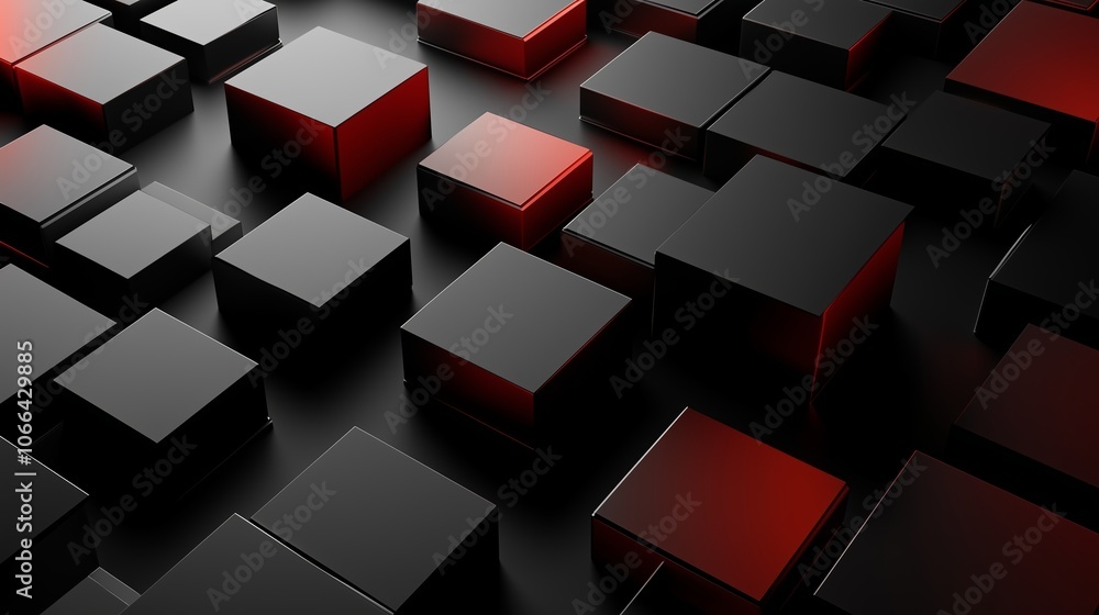 Poster abstract arrangement of black and red cubes creating a striking visual effect in a dynamic layout