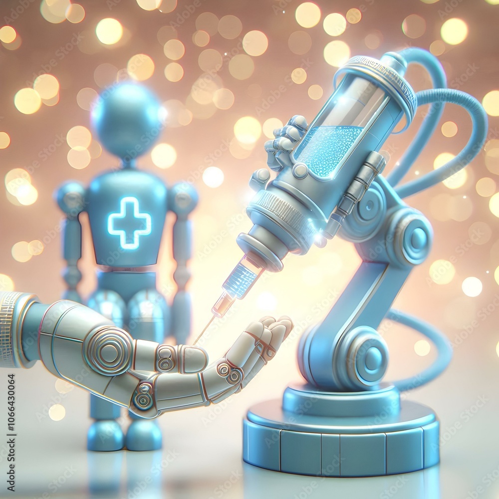 Poster 3d robotic arm administering medication to patient in medical setting abstract image bokeh backgroun