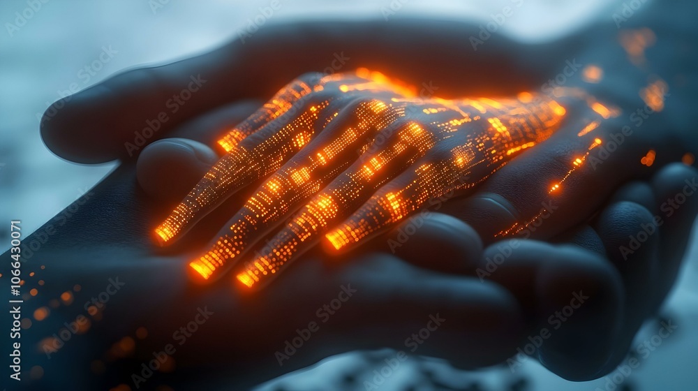 Poster 3d macro image family hands intertwined embedded bio chips glowing skin unity trust biotechnology fa