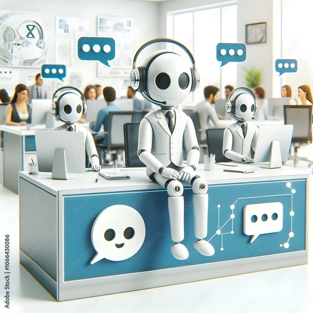 Poster 3d ai chatbot icons floating above customer service desk in office setting, highlighting ai in custo