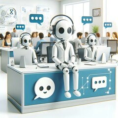 3D AI Chatbot Icons Floating Above Customer Service Desk in Office Setting, Highlighting AI in Customer Support Roles with Copy Space for Marketing, Isolated on White Background, Innovative Technology