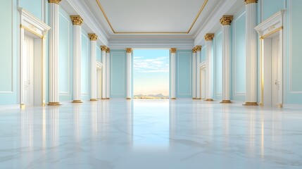 Elegant architectural design showcases majestic columns and serene views in luxurious space