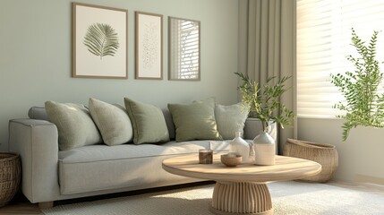 Modern living room interior design with a gray couch, wooden coffee table, and plants