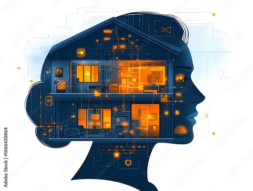 Poster flat close-up face holographic notifications macro shot home setting smart business tone excitement 