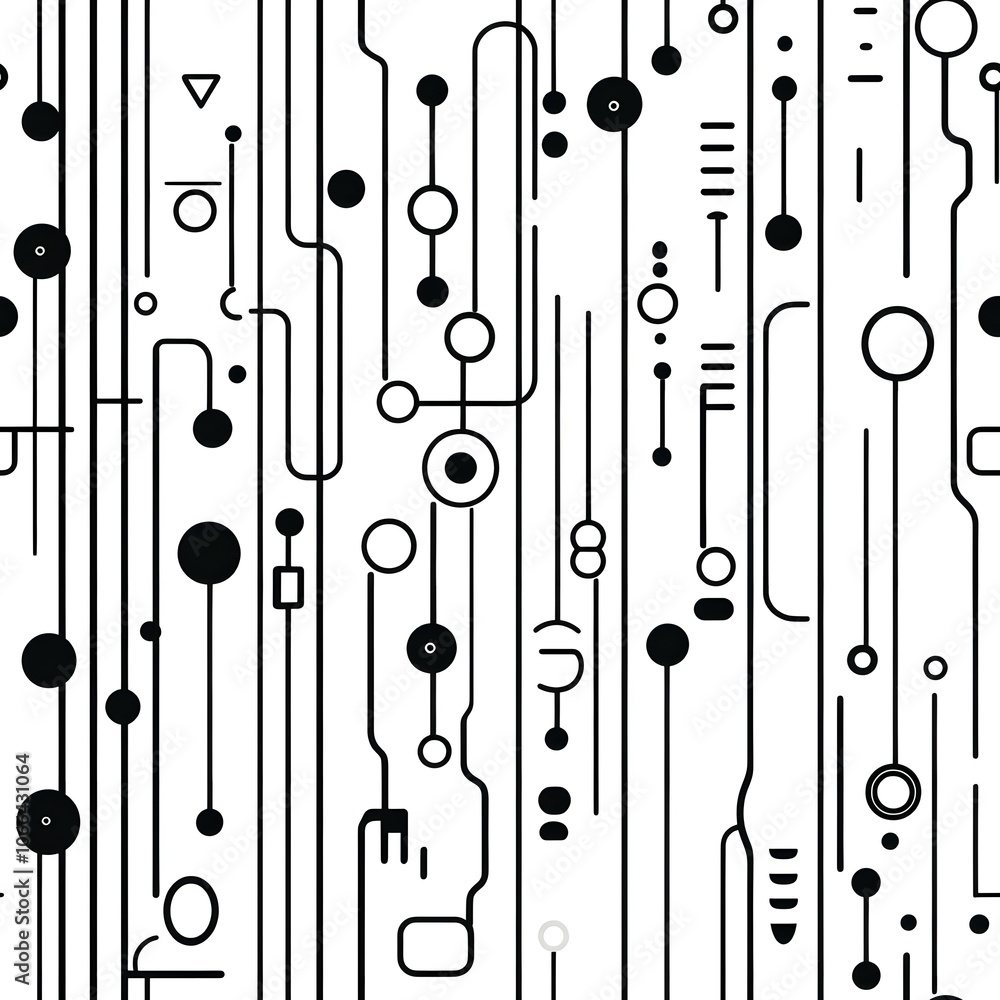Poster abstract black and white geometric pattern with lines and circles.