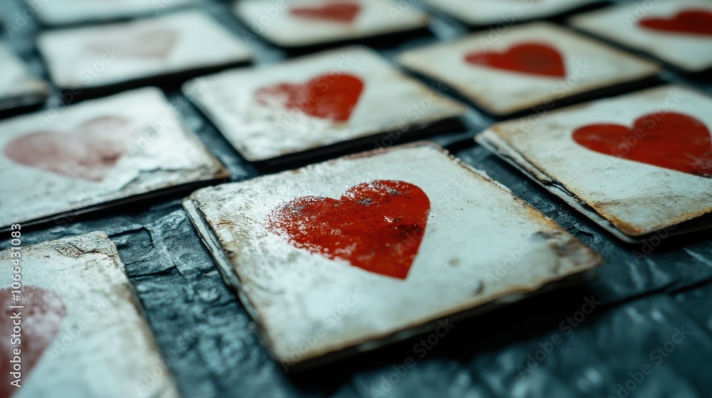 Poster heart-themed tiles arranged in a grid create a rustic and artistic display, ai