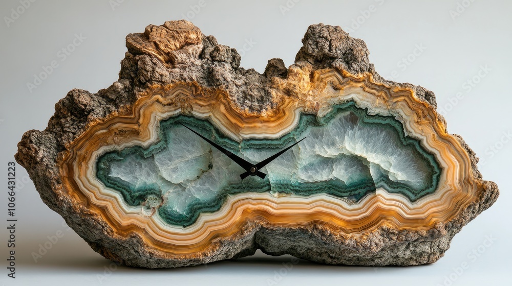 Aufkleber a unique clock face is embedded in a large, colorful agate slice.