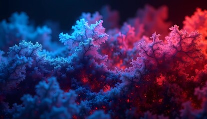 Neon fractal design with intricate light patterns in electric blue and crimson. Rough retro shades shine brightly and dynamic light trails in abstract shapes.