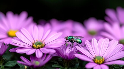 A vibrant green fly rests on delicate pink daisies, highlighting the beauty of nature and the intricate relationship between insects and flowers.