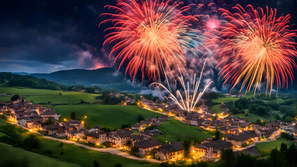 Fireworks creating a grand explosion of colors above a peaceful countryside village, Ai generated