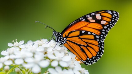 Fototapeta premium A vibrant monarch butterfly rests on delicate white flowers, showcasing its striking orange and black wings against a soft green background.