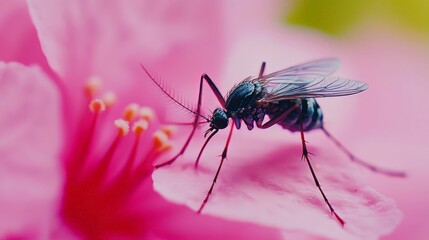 A close-up of a mosquito perched on a pink flower, showcasing intricate details of the insect and vibrant colors of nature.