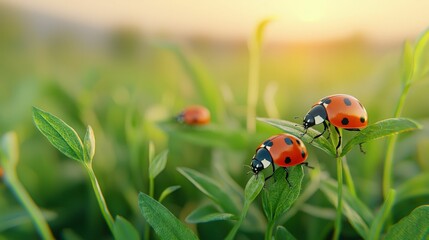Obraz premium A close-up view of ladybugs resting on green leaves, capturing the beauty of nature in a serene environment during sunset.