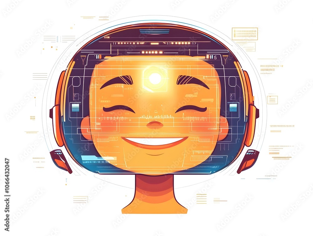 Poster flat close-up smiling face illuminated by holographic displays - macro shot capturing joy, technolog