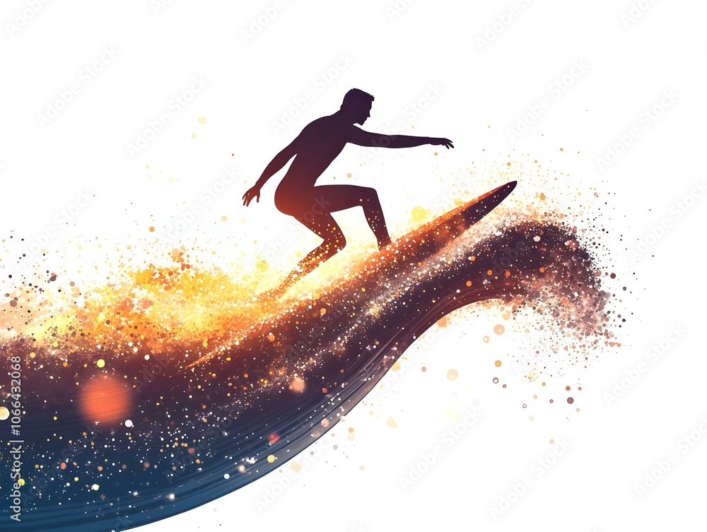 Poster flat digital artwork surfing bokeh waves smooth workflow concept vector illustration dynamic camera 