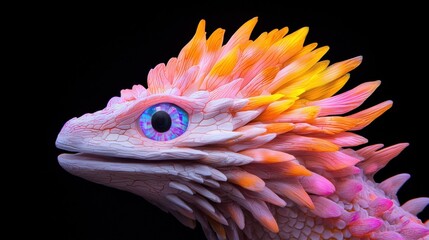 Fototapeta premium A vibrant, colorful dragon-like creature with spiky features and an expressive eye against a dark background.