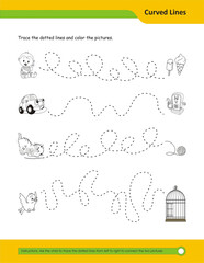 Prewriting skills, line practice sheet for kindergarten, Handwriting practice for kids. Fine motor skills. Line tracing worksheet. Activity page for kids. Coloring page for preschool.