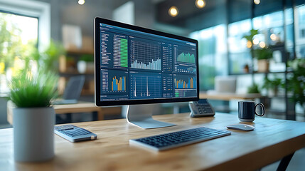 Fototapeta premium modern data analyst desk featuring computer displaying various data visualizations, surrounded by greenery and coffee cup, creating productive atmosphere