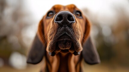 A vigilant hound focuses intently on the ground, demonstrating its exceptional scent-tracking prowess in a detailed close-up image.