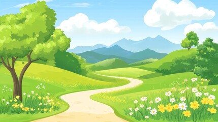 Obraz premium A serene landscape with a winding path through lush greenery and flower under a bright sky.