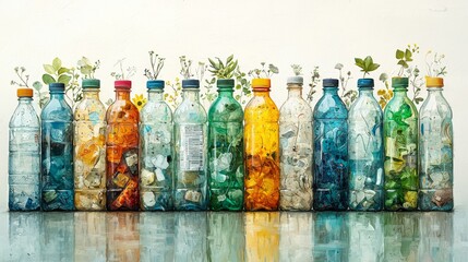 Colorful Bottles Filled with Nature and Waste