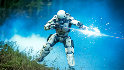 Fototapeta premium In comic book style astronaut, alien, robot in armored spacesuit in action. Starship troopers, star wars, space exploration, space science