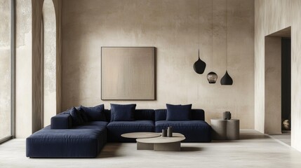 Modern Living Room with Blue Sectional Sofa and Abstract Artwork