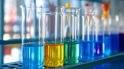 A row of test tube filled with colorful liquids, showcasing various chemical solutions.