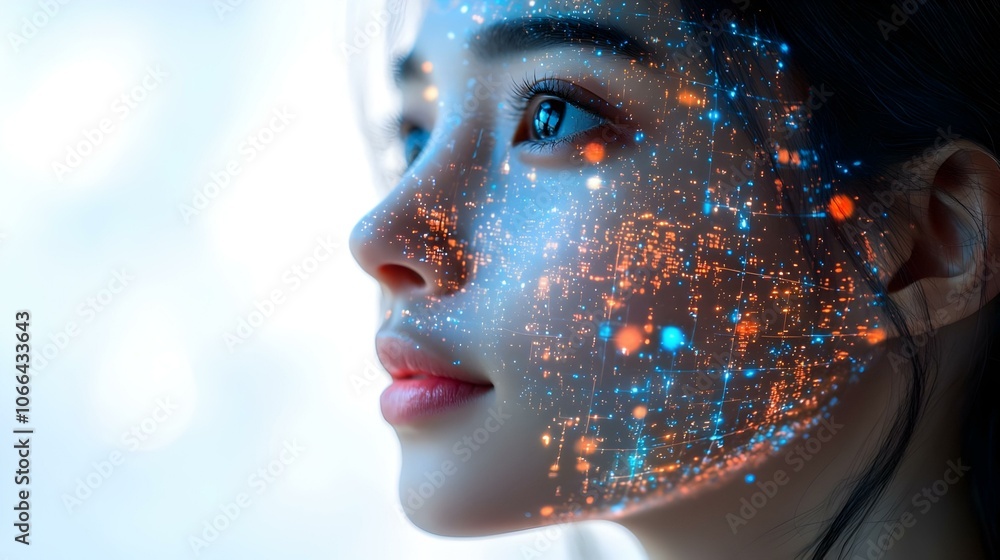 Poster 3d close up person face holographic display global colleagues virtual meeting macro shot immersive r