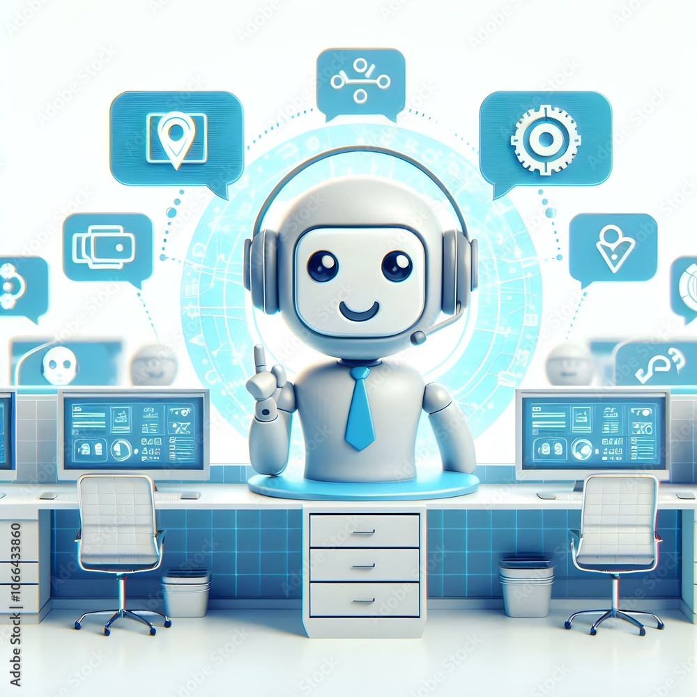 Poster 3d ai chatbot icons floating above customer service desk concept for enhanced customer support roles