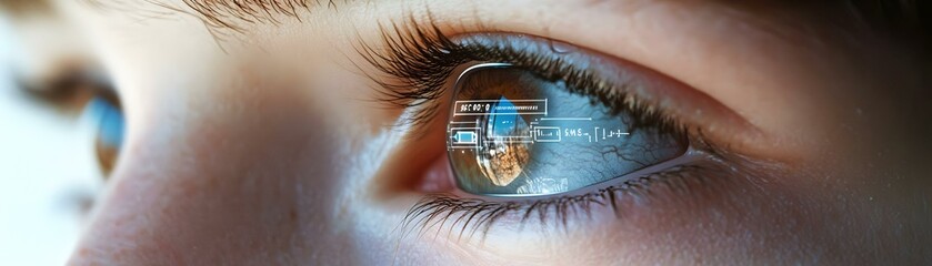 Close Up Teenager Eye Macro Image Displaying Digital Interface Smart Contact Lenses Wearable Technology Integration Family Life Future Vision Concept Stock Photo