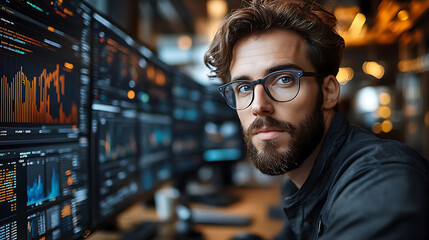 Data analyst working on data visualization with multiple screens