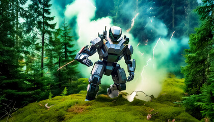 In comic book style astronaut, alien, robot in armored spacesuit in action. Starship troopers, star wars, space exploration, space science