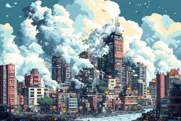 A pixelated cityscape with a tall building engulfed in clouds, possibly representing a storm or apocalyptic event.