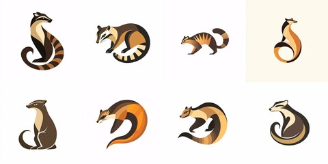 Fototapeta premium A contemporary logo collection showcasing a stylized coati with a curved tail in earthy hues against a clean white backdrop.