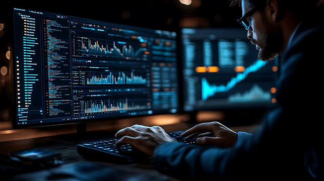 Data analyst working on Python scripts and cleaning data at night. screens display complex data visualizations and analytics, creating focused and intense atmosphere