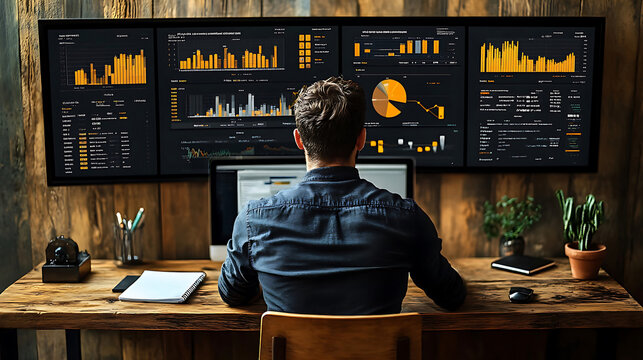 Data analyst working on Python scripts, analyzing data visualizations on multiple screens in modern office environment, showcasing productivity and focus
