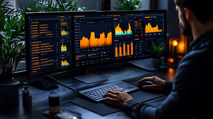 Naklejka premium Data analyst using business intelligence tools to analyze data trends and insights. workspace features multiple monitors displaying colorful graphs and charts, creating focused and productive