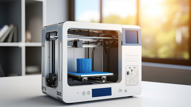 A modern 3D printer in a well-lit workspace, creating a blue object during the day
