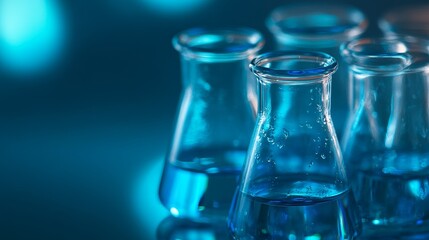 A collection of glass flask filled with blue liquid, set against a softly illuminated background.
