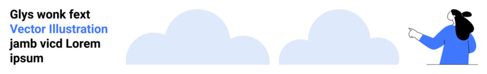 Woman in blue sweater pointing to the left. Text blocks on the left with cloud icons in the center. Ideal for cloud computing, presentations, educational content, web design, business analysis