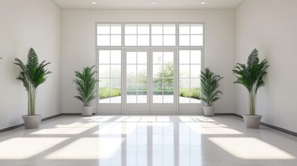 A bright, modern interior with large windows and potted plant, creating an inviting atmosphere.