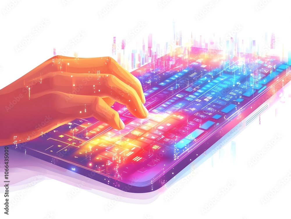 Poster flat macro shot fingers holographic projection keyboard close up image typing futuristic technology 