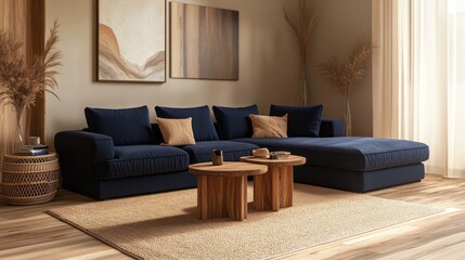 Modern Living Room with Blue Sectional Sofa, Wooden Coffee Tables, and Beige Rug