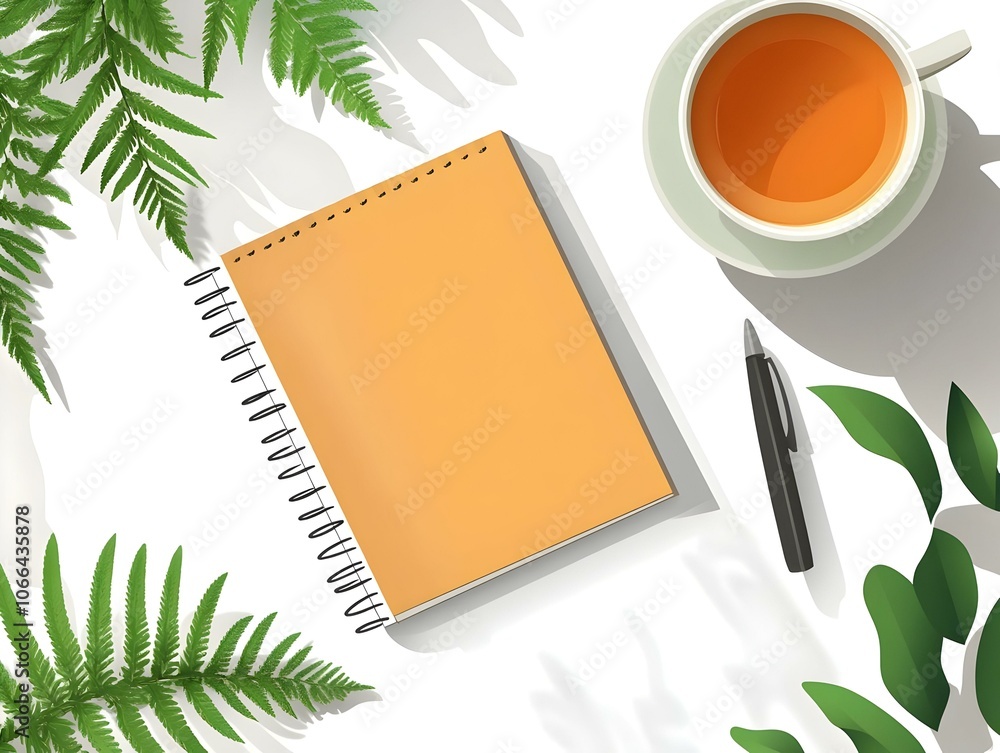 Poster flat plain notebook and tea cup on minimalist background | tranquil workspace concept with ample cop