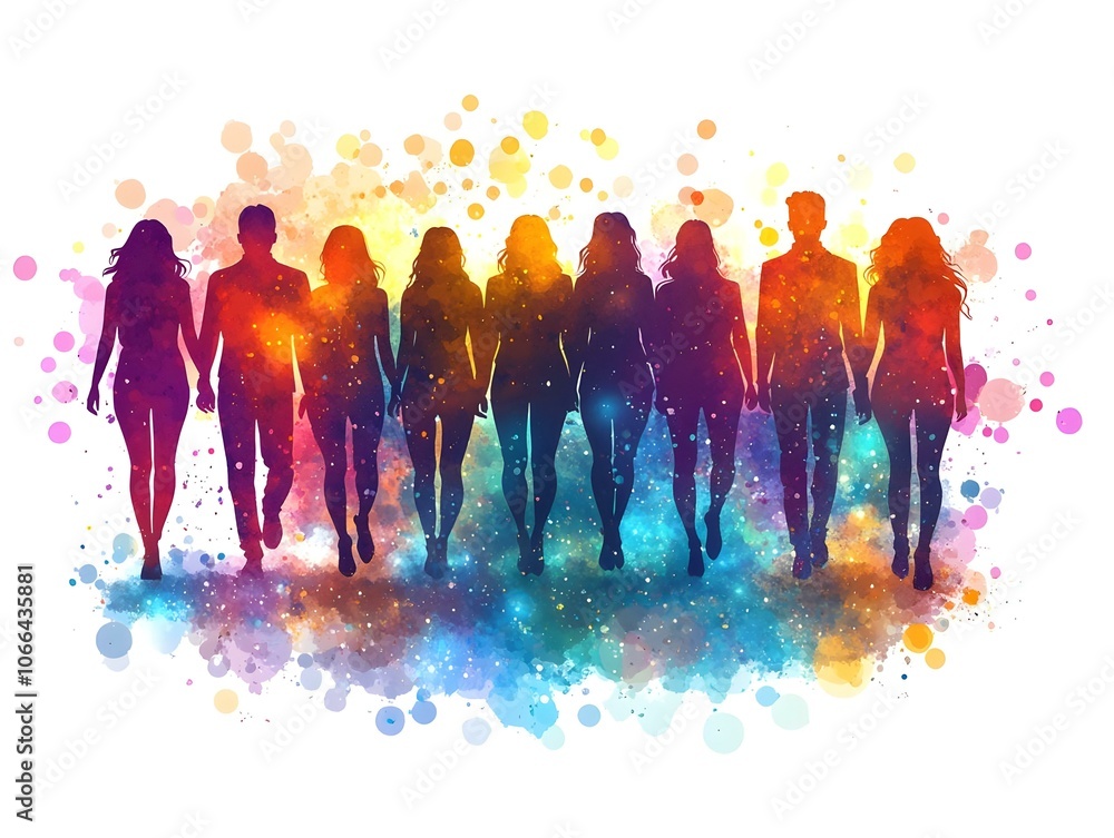 Poster flat bokeh digital art happy team collaborating remotely abstract silhouettes colorful lights joy re
