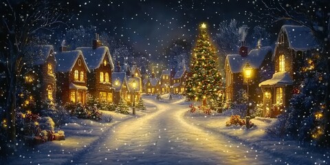 Fototapeta premium Charming Vintage Christmas Village in Snowy Landscape