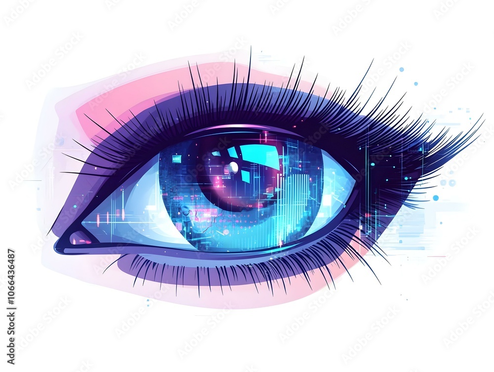Poster flat close up smiling eye reflecting holographic computer screens macro shot futuristic happy remote